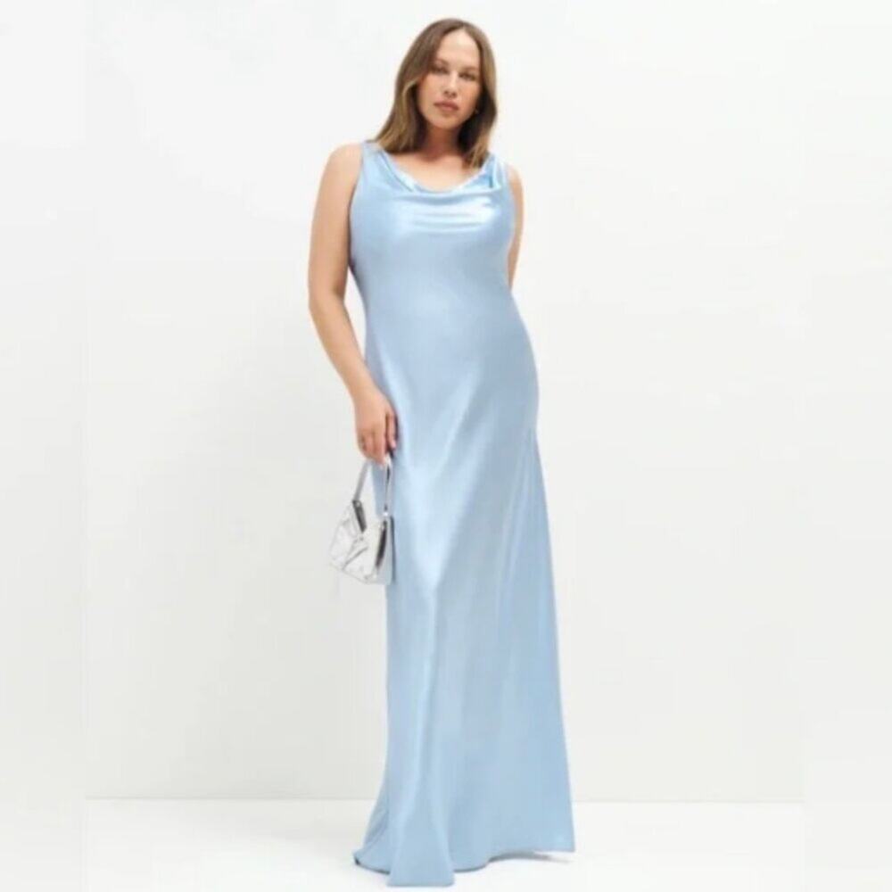 Reformation Satin Cowl Neck Maxi Dress in Light Blue - Picture 3 of 9